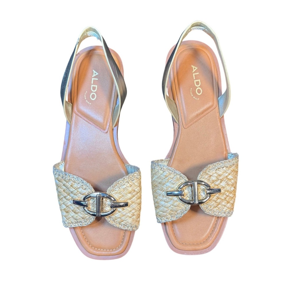 Aldo Slingback Sandals Gold Tan Woven Straw Pillow Walk Buckle Womens 7